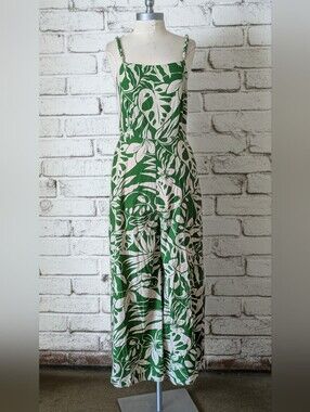 Japna Green & White Tropical Monstera Leaf Wide-Leg Jumpsuit | Medium